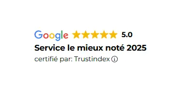 Avis Google : Note de 5 étoiles, certifié par Trustindex comme "Service le mieux noté 2025".